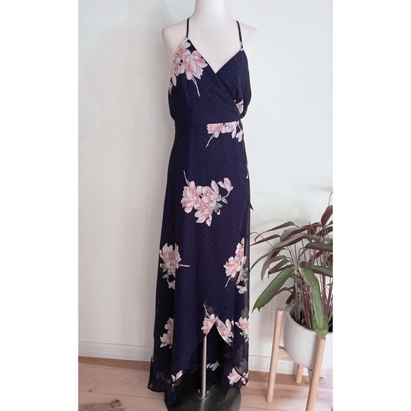 NWT Lulus Loiselle Navy Blue Floral Print Polka Dot Wrap Maxi Dress S M​​​​ - Picture 2 of 14